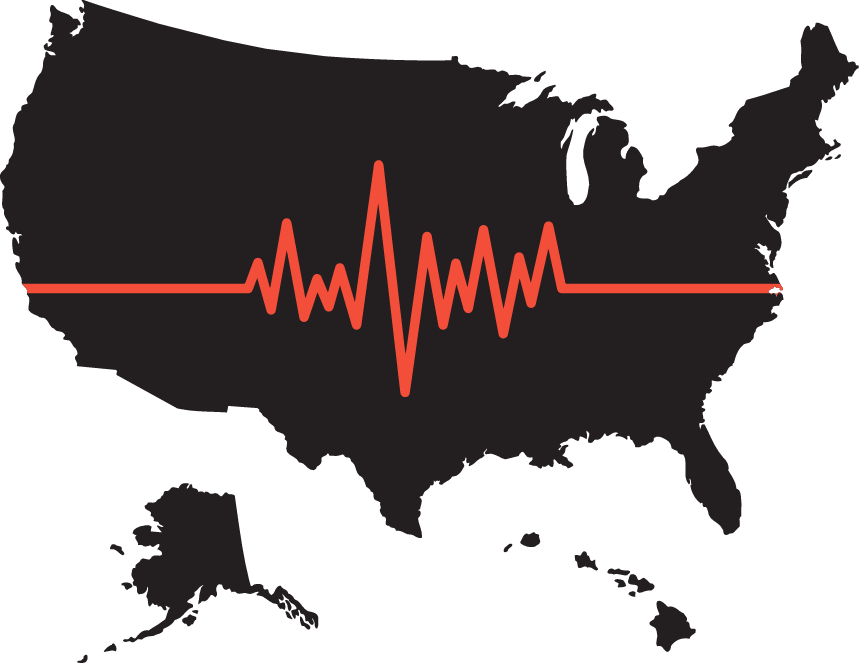 black map of USA with red pulse going through it